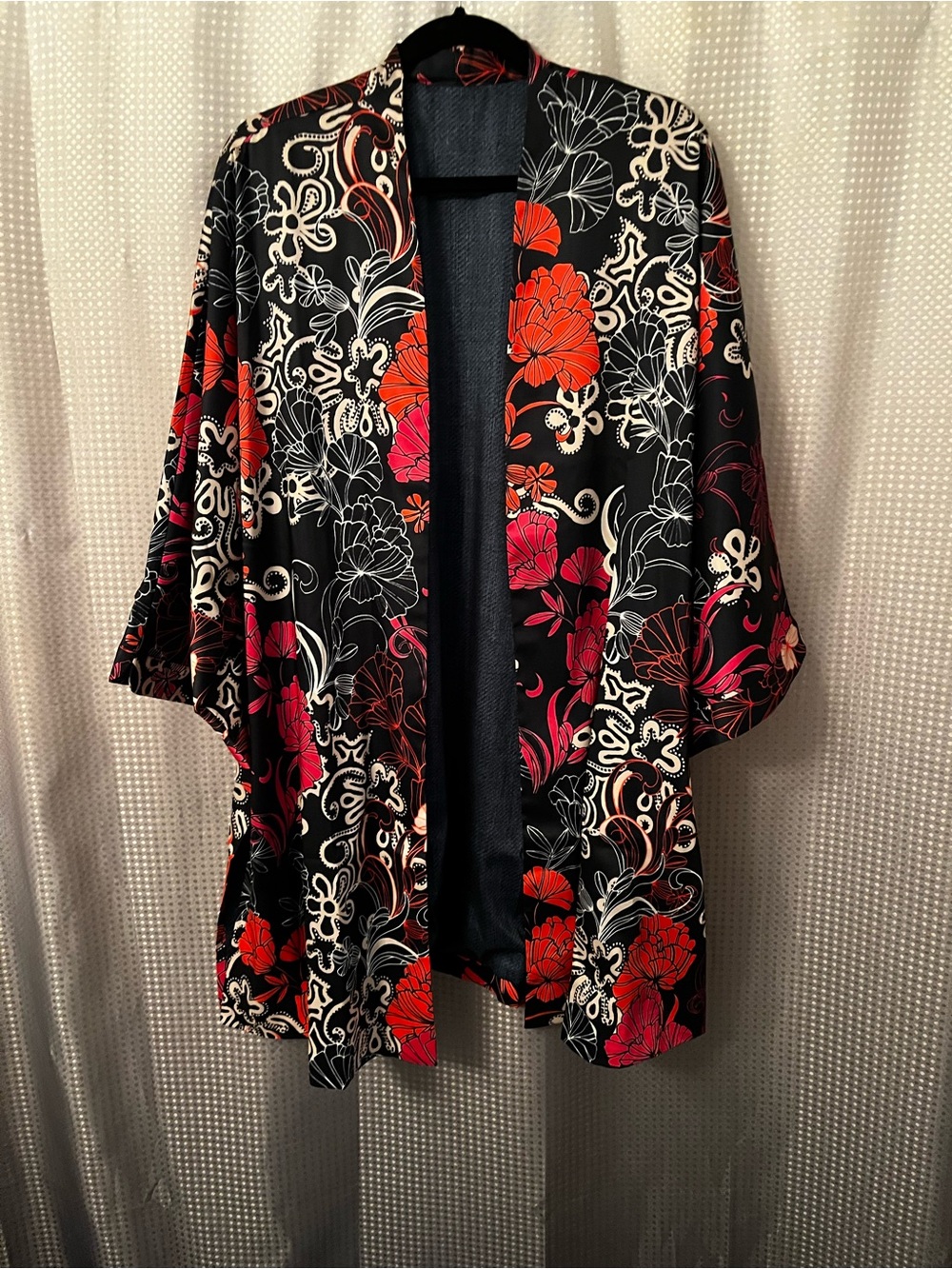 Chico’s Black Floral Kimono Jacket with Red & Pink Blooms